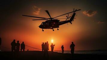 força do ar vitrines resgate demonstrações durante búlgaro ar mostrar Salva-vidas em helicóptero com maca pronto para descer. silhueta conceito foto