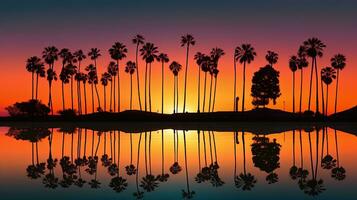Palma árvore forrado santa barbara nos uma Califórnia pôr do sol. silhueta conceito foto