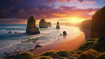 agosto pôr do sol dentro victoria Austrália captura magnífico Visão do doze apóstolos em ótimo oceano estrada. silhueta conceito foto