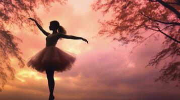 bailarina dançando em na ponta dos pés ao ar livre com Rosa nuvens e borrado árvores dentro a fundo. silhueta conceito foto