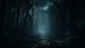 estranho floresta com sinistro árvores ao longo uma escuro caminho em uma inverno s noite. silhueta conceito foto