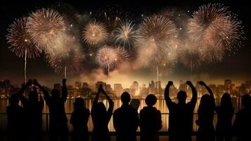 pessoas assistindo fogos de artifício e marcação a Novo ano. silhueta conceito foto