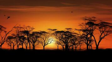 deslumbrante pôr do sol cena com árvore silhuetas dentro uma floresta foto