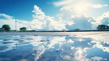 reflexão do azul céu e branco nuvens em água poça superfície em cinzento cidade estrada depois de chuva. silhueta conceito foto