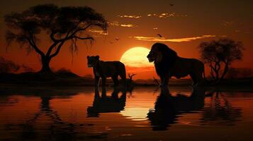 leões silhueta refletido dentro água durante africano safári foto