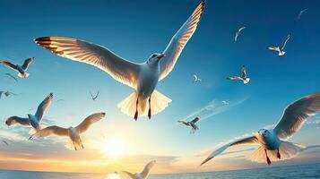 gaivota pássaros azul céu. silhueta conceito foto