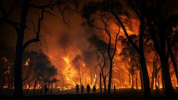 período noturno floresta fogo a infeliz natural evento. silhueta conceito foto