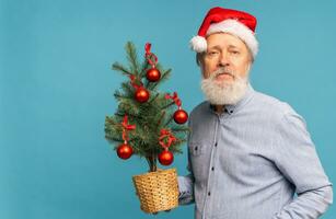 retrato do feliz emoções santa claus animado olhando às Câmera e detém pequeno Natal árvore em azul fundo com cópia de espaço foto