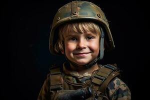 retrato do uma fofa pequeno Garoto dentro militares uniforme em Sombrio fundo ai gerado foto