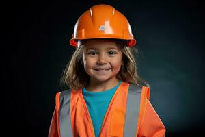 retrato do uma sorridente pequeno menina dentro uma construção capacete ai gerado foto