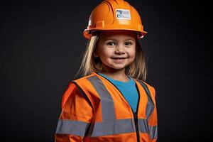 retrato do uma sorridente pequeno menina dentro uma construção capacete ai gerado foto