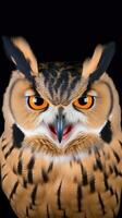 retrato do uma lindo coruja com laranja olhos em uma Preto fundo. ai generativo foto