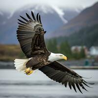 americano Careca Águia dentro voo. Careca Águia Haliaeetus leucocéfalo dentro voo. ai generativo foto