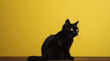 fofa peludo Preto gato com amarelo fundo ai generativo foto
