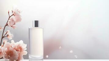 perfume garrafa com cereja flores em luz fundo, fechar-se foto