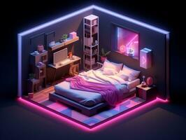 baixo poli isométrico estético quarto, pequeno 3d quarto com rgb iluminação generativo ai foto