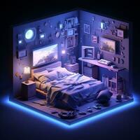 baixo poli isométrico estético quarto, pequeno 3d quarto com rgb iluminação generativo ai foto