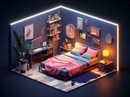 baixo poli isométrico estético quarto, pequeno 3d quarto com rgb iluminação generativo ai foto