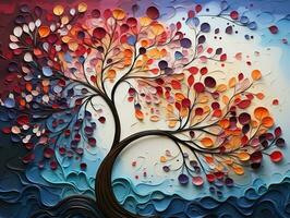 colorida árvore com vibrante folhas suspensão galhos ilustração fundo 3d abstração papel de parede para interior mural pintura parede arte decoração generativo ai foto
