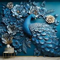 luxo flores com pavão ilustração fundo. 3d interior mural pintura e parede arte decoração generativo ai foto