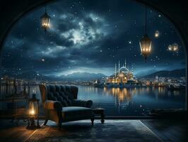lindo islâmico mesquita com noite lua céu e nuvem foto papel de parede generativo ai