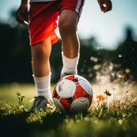 criança jogando futebol em a campo. pequeno Garoto chutando uma futebol bola. foto