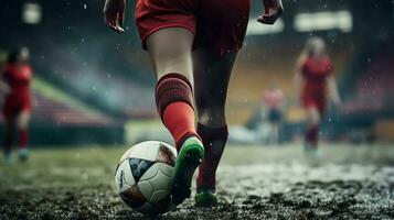 criança jogando futebol em a campo. pequeno Garoto chutando uma futebol bola. foto