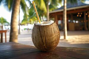 livre foto coco coquetel com bebendo Palha em uma Palma árvore dentro a de praia fotografia ai gerar