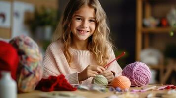 uma lindo menina do 10 anos velho é Aprendendo para tricotar. foto