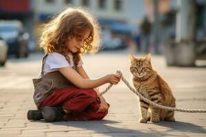 uma menina detém uma corda com uma arco e uma gato tocam com dela em a rua foto