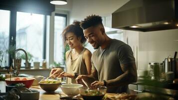 Preto homem e chinês mulher cozinhando café da manhã junto. foto