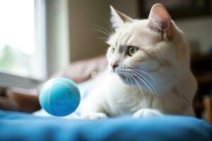 gato é jogando com azul bola foto