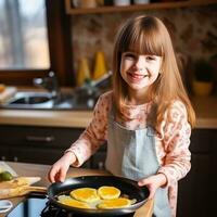 uma lindo menina coze bolos de copo com dentro uma cozinha. foto