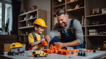 Papai com uma Garoto do 10 anos velho tocam uma construtor foto