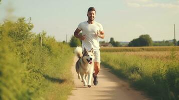 uma homem corrida com dele cachorro foto