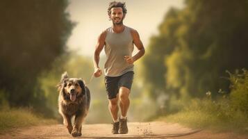 uma homem corrida com dele cachorro foto