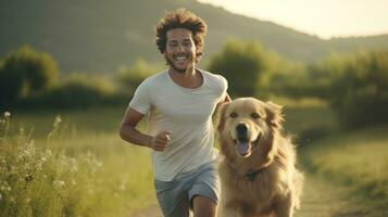 uma homem corrida com dele cachorro foto