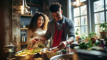 Preto homem e chinês mulher cozinhando café da manhã junto. foto