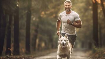 uma homem corrida com dele cachorro foto