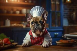 engraçado imagem do uma francês buldogue dentro uma chefe de cozinha fantasia, exibindo culinária humor dentro a cozinha contexto. cópia de espaço perfeito para relacionado com comida projetos e temático de entretenimento desenhos, ai generativo foto