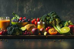 saciar dentro a colorida nutrição do uma cativante imagem exibindo uma diverso seleção do saudável alimentos ai generativo foto
