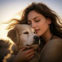 jovem mulher com dela cachorro.ela abraço cachorro e exemplificando a companhia do uma aceita animais de estimação estilo de vida Como a cachorro. generativo ai ilustração. foto