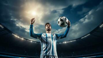 futebol jogador em a campo do estádio às noite. foto