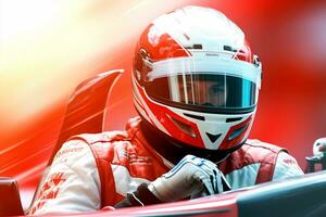 fechar-se do uma jovem masculino carro piloto dentro uma vermelho capacete dirigindo uma raça carro. foto