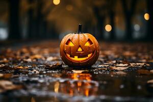 jack-o'-lantern dia das Bruxas abóbora em uma Sombrio fundo gerado ai foto