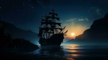 silhueta do pirata navio às noite com misterioso mar luz foto