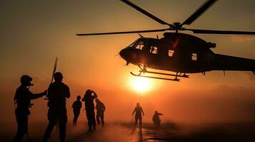 força do ar vitrines resgate demonstrações durante búlgaro ar mostrar Salva-vidas em helicóptero com maca pronto para descer. silhueta conceito foto