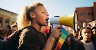 lgbtq ativista Falando fervorosamente às uma corrida. foto