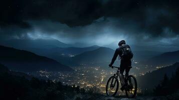 uma ciclista de a cidade luzes no topo uma montanha. silhueta conceito foto