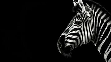 Preto e branco foto do uma zebra cabeça em uma Preto fundo isolado lado visualizar. silhueta conceito